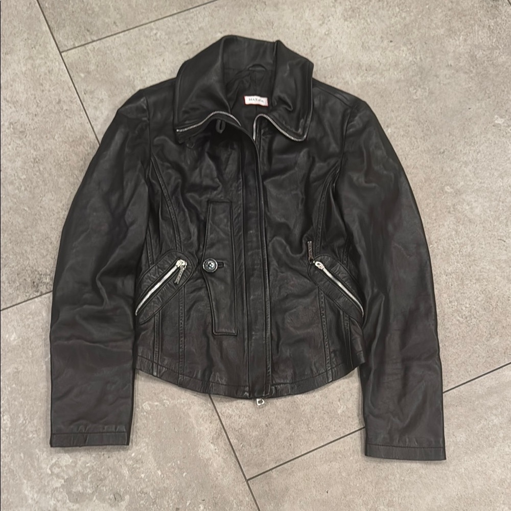 Amazing Max&Co worn twice Black Leather Biker Jacket with Textured Finish